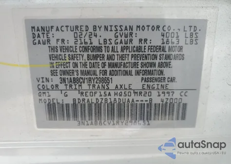2024 Nissan Sentra Sv z USA, uszkodzony, nr VIN 3N1AB8CV1RY298651